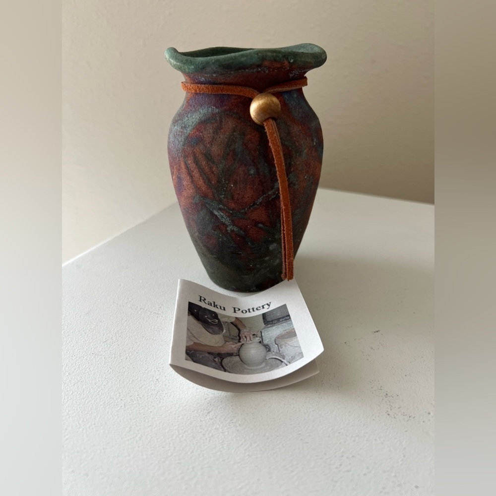 RAKU POTTERY VASE Handmade in Arizona 5" Tall | Leather Trim
